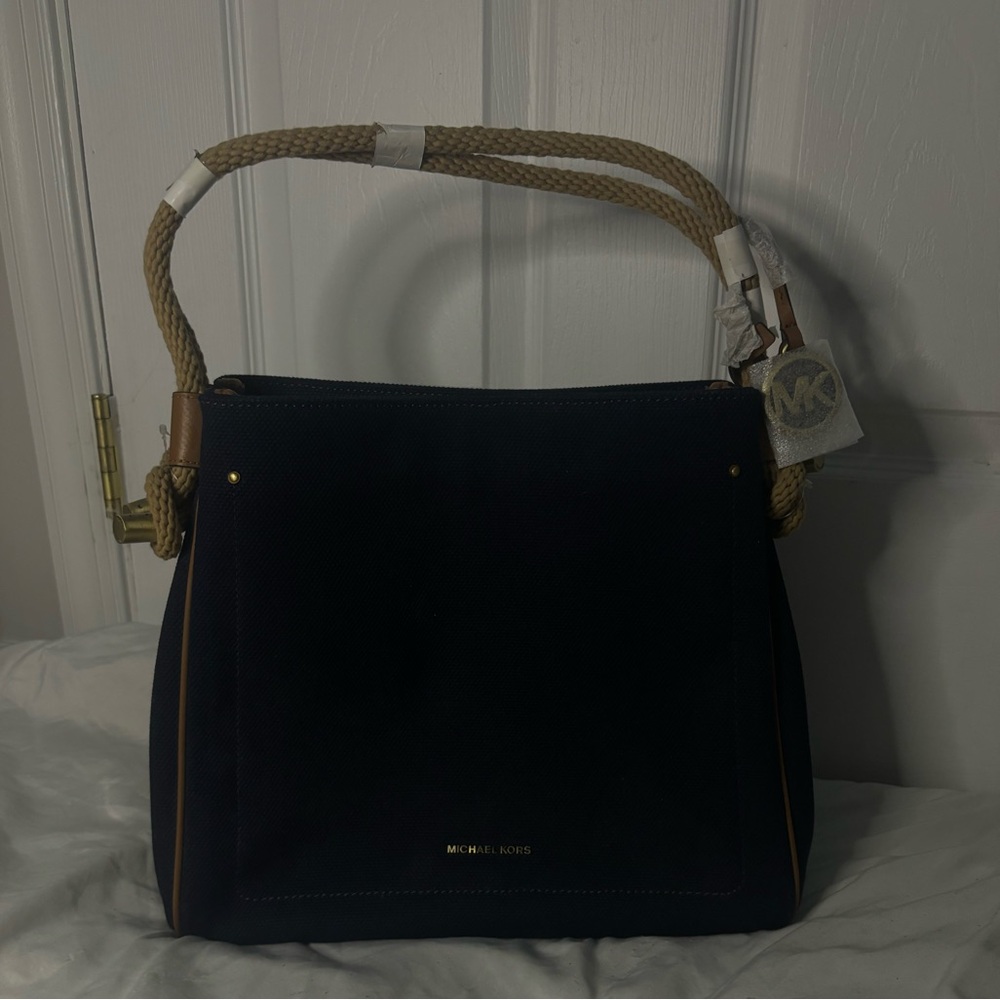 Michael Kors Isla NAVY Canvas Large Satchel Shoulder Tote Travel Bag
